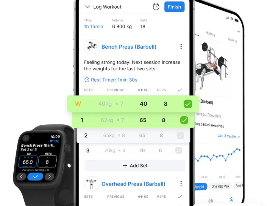 App Hevy: registro de entrenamiento con series, peso y repeticiones