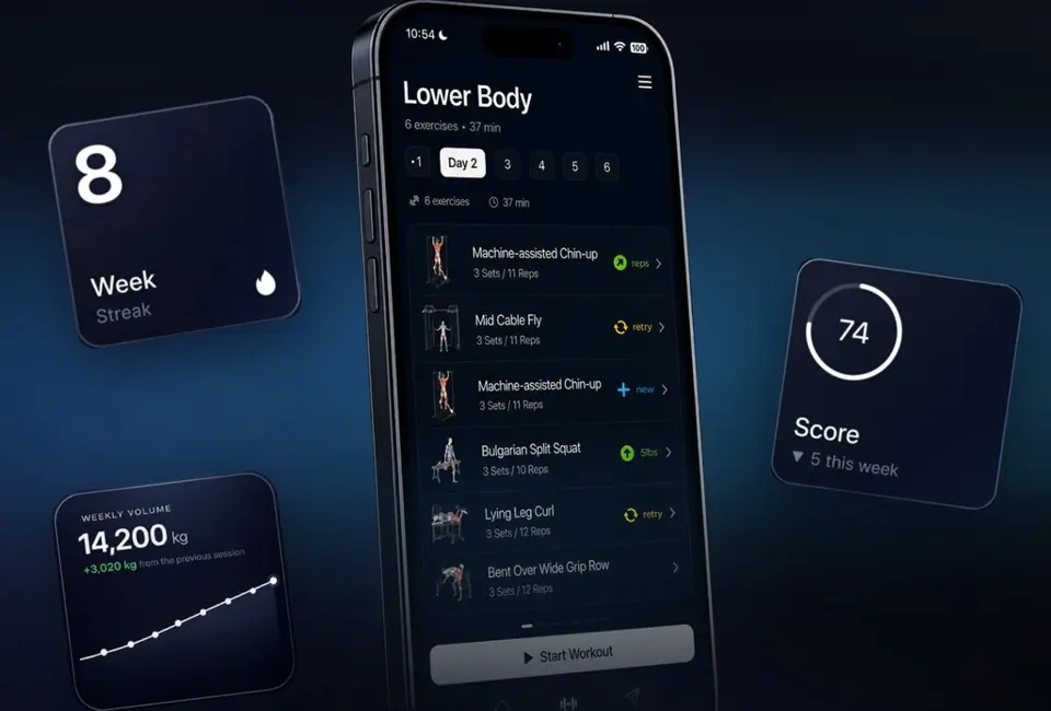 App STRIKD: rutina de pierna, racha semanal, volumen y puntuación