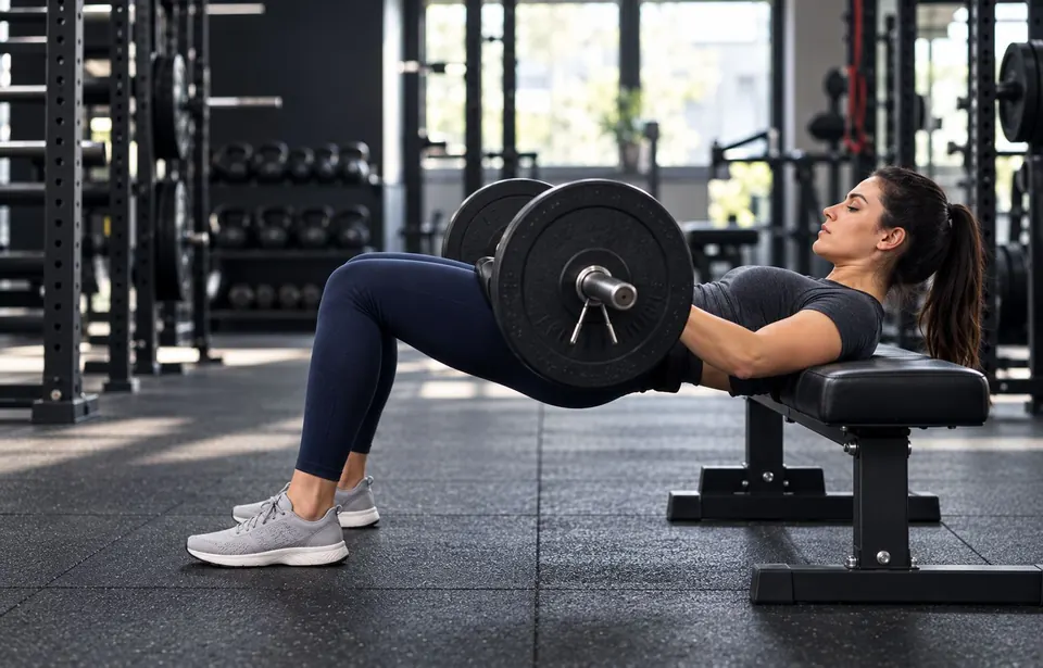 Mujer haciendo hip thrust con barra apoyada en un banco